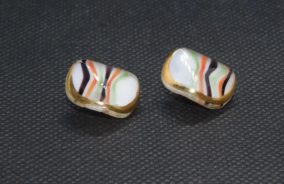 Set of 2 Glass Vintage Buttons Square Stripe Gold Green Orange Black White Shank - Image 4 of 4