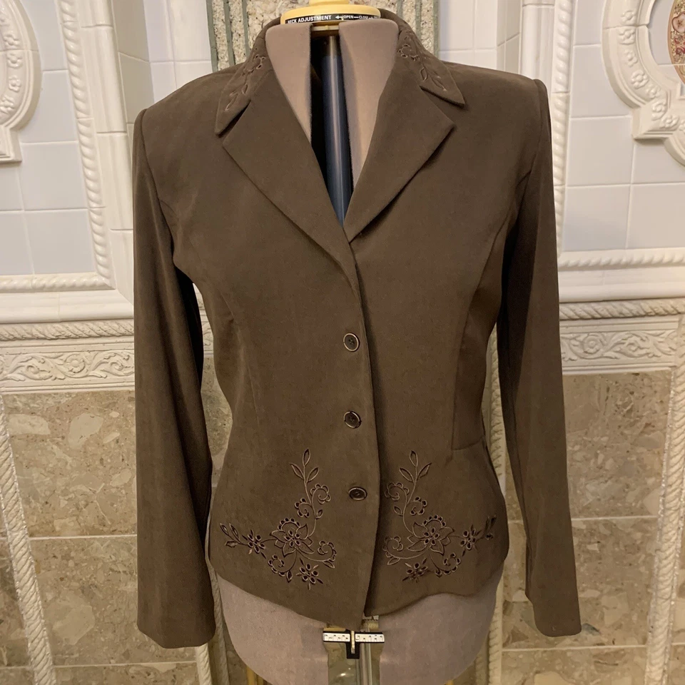 Studio 1. Sz 14. Embroidered Lightweight Unlined Long Sv Suede Cloth Jacket LC Foto 2 de 4