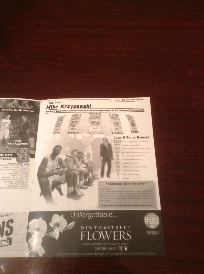 Duke Blue Devils Men's Basketball 2015-2016 Coach K Program - Image 3 of 4