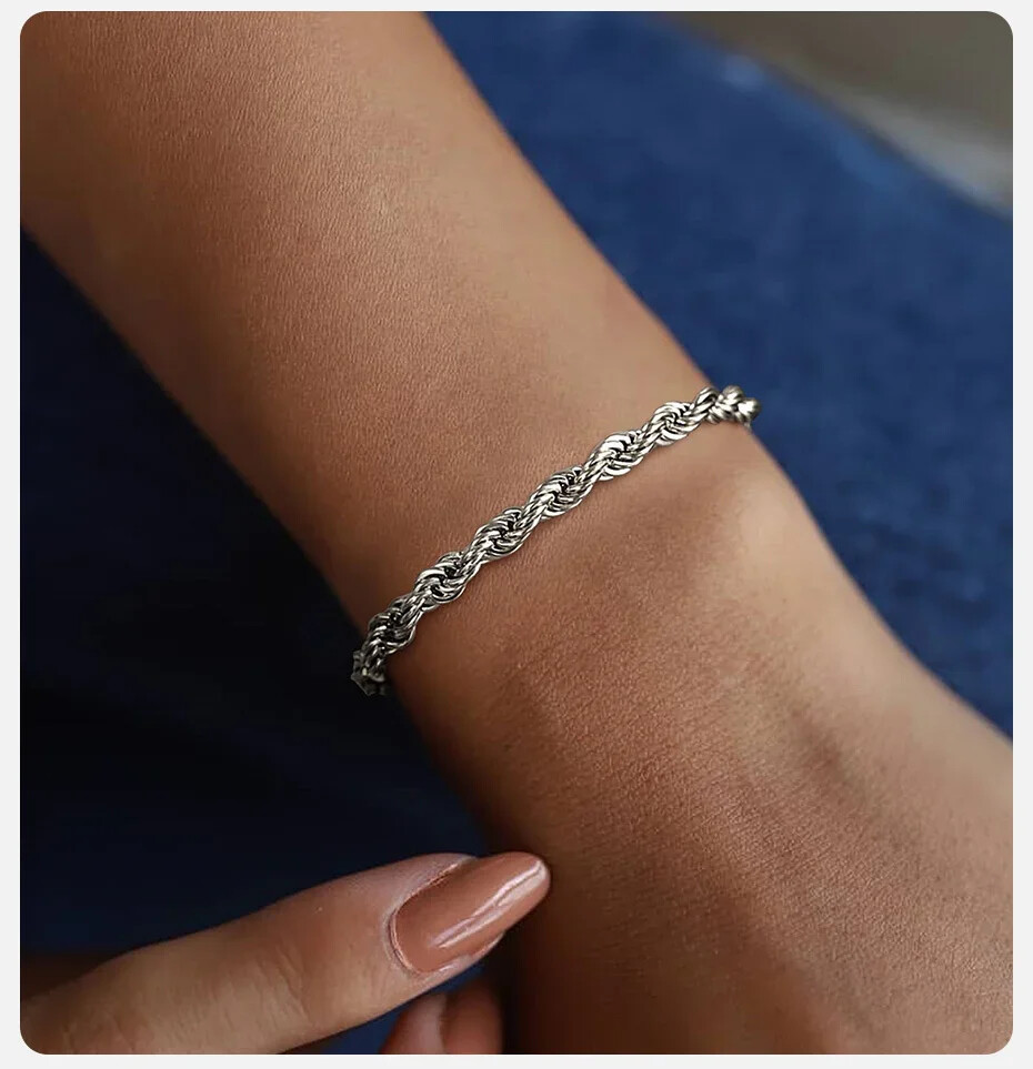 925 Silver 4mm Rope Chain Bracelets Men Women Twisted Links