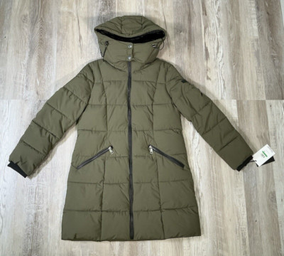 DKNY Hooded Puffer Coat Green Loden Women Size Large NEW