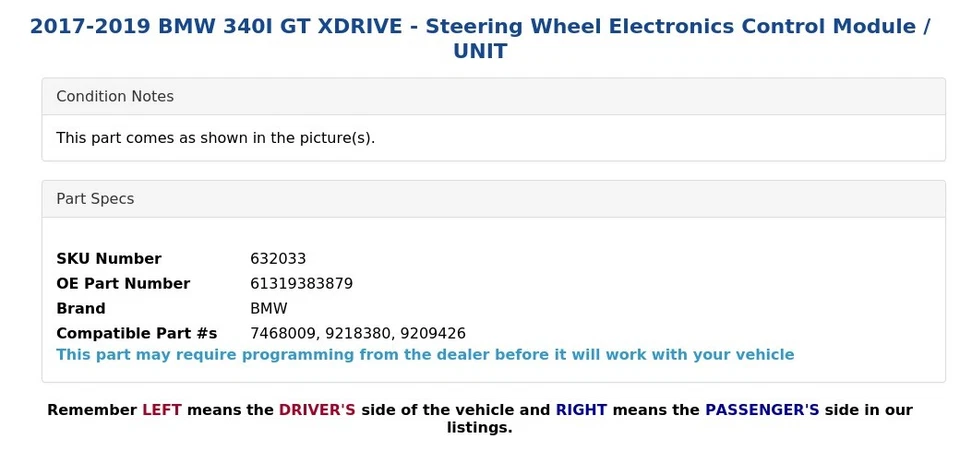 BMW 340I GT XDRIVE 2017-2019 - Módulo de control electrónico del volante/unidad Foto 4 de 4