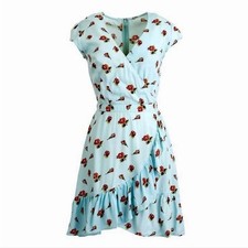J.CREW Size 14 Blue Faux Wrap Cap Sleeve Rose Print Ruffle Mini Dress J4413