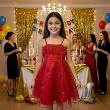 VTG Red Sheer Bow Dress Girl Sz 6 Dance Party Formal Holiday Christmas USA 90s