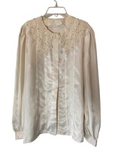 Vintage Cream Satin Blouse Lace Pearl Collar Button Front Medium