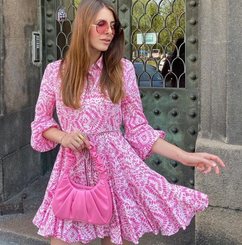 Zara Pink Batik Blumenmuster Mini Hemd Kleid Voluminöse Rüschen Skater Rock - Bild 1 von 24