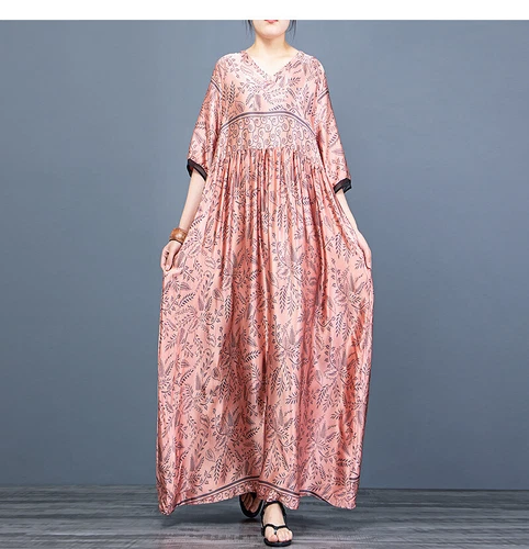 Damen schickes bedrucktes Kleid Seide V-Ausschnitt Oversize Kleid lang Maxi Morgenmantel - Bild 17 von 24