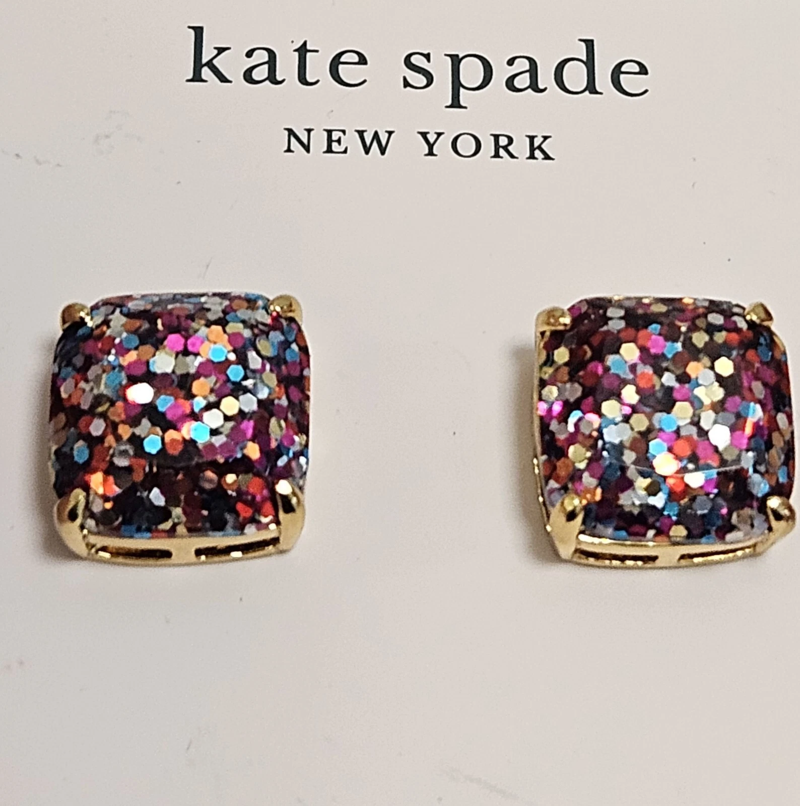 Orecchini Kate Spade quadrati glitter borchie tono oro nuovi con etichette