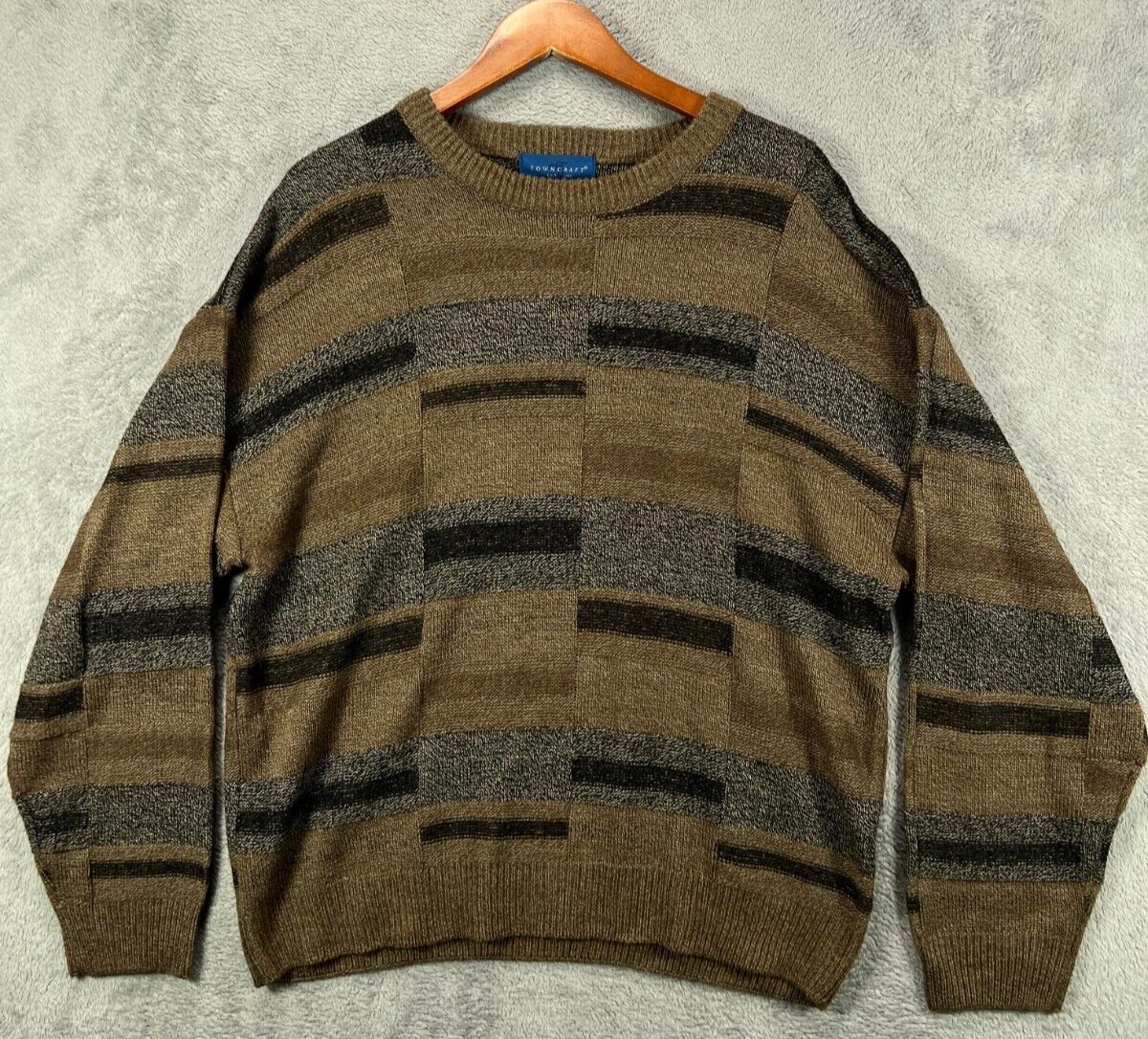 TOWNCRAFT Mens Large Sweaters Brown Vintage 80s Geometric Knit Crewneck  Pullover