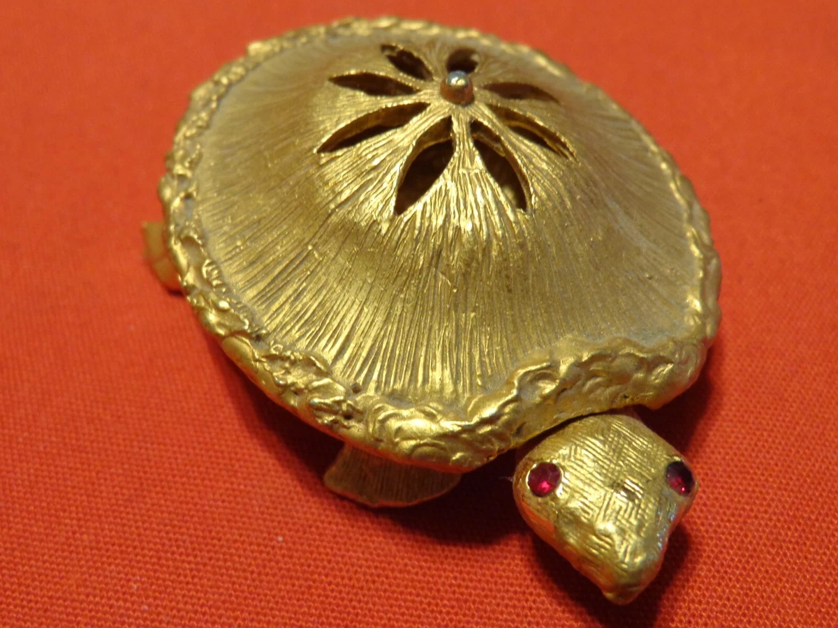 ANTIQUE TURTLE JEWELRY RING HOLDER RED RHINESTONE EYES 2 3 4 x 2in 231