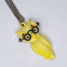VTG Yellow Smart Wise Owl Pendant Necklace Enamel Rhinestone Eyes Moving Glasses