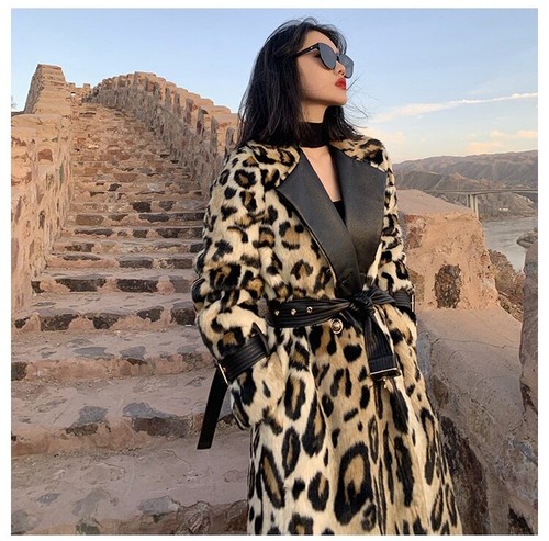 Women Long Leopard Print Warm Fluffy Faux Fur Trench Coat Double Breasted Jacket