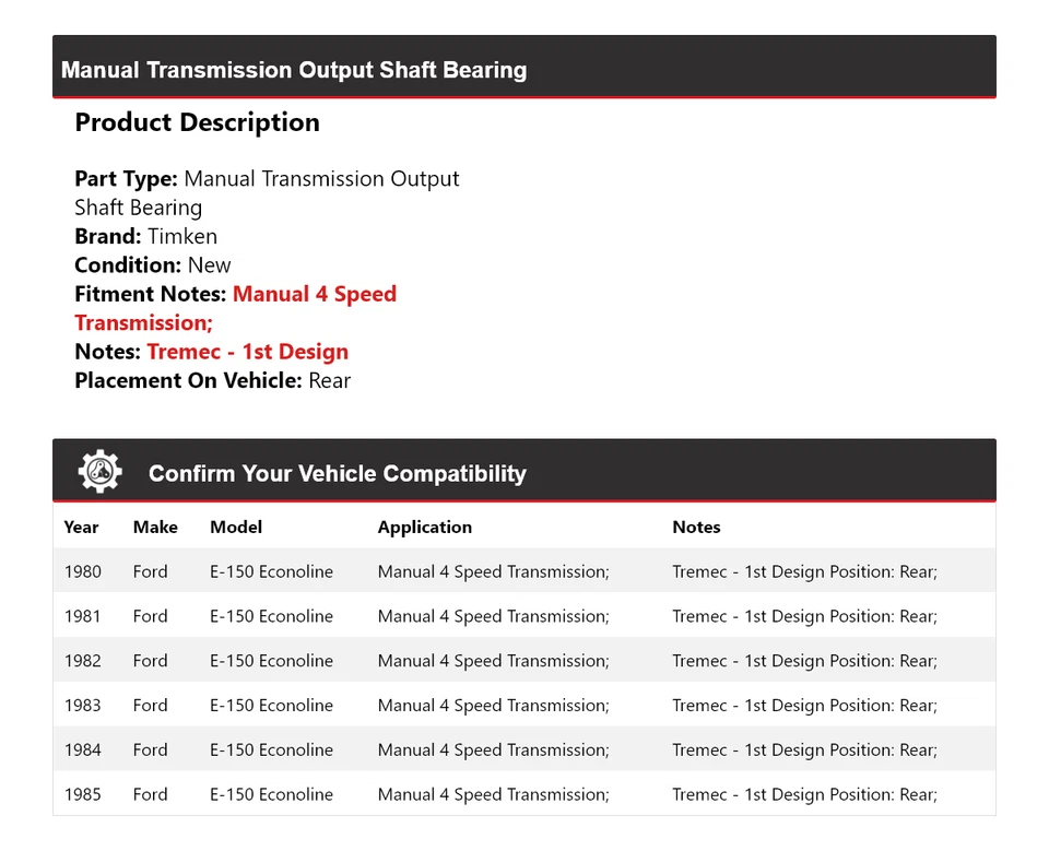 Cojinete de eje de salida de transmisión manual Timken para Ford E-150 Econoline 1980-1985 Foto 2 de 4