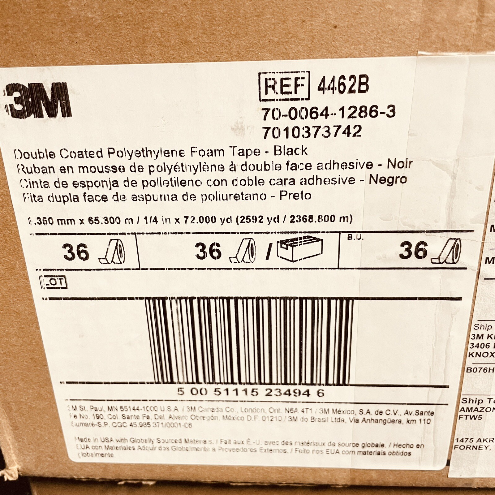 (36 Case) 3M 4462 Double Coated Polyethylene Foam Tape, Black 1/4 in x 72 yd