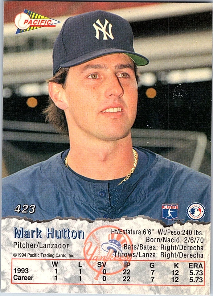 Mark Hutton 1994 Pacific #423 New York Yankees - Image 2 of 2