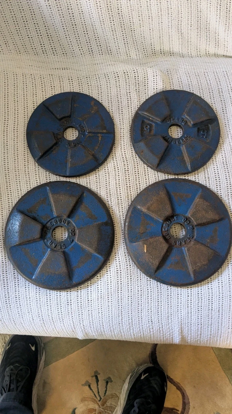 Lot of 4 Antique J.C.Higgins Sears & Roebuck Barbells 2 5lb 2 10lb 30lbs total