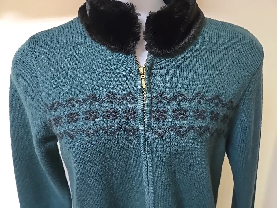 Suéter De Colección Karen Scott Verde 100% Lana Isla Justa Cremallera Cuello de Piel Sintética Talla S Foto 2 de 4