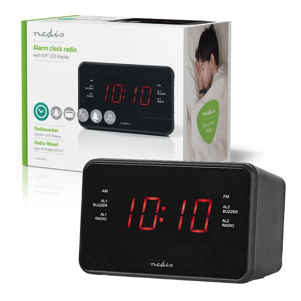 RADIOSVEGLIA DIGITALE AM FM AUX SNOOZE DISPLAY A LED 0.9" DUE ALLARMI NERO NEDIS