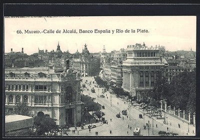 AK Madrid, Calle de Alcalá, Banco Espana y Rio de la Plata, Strassenbahn 