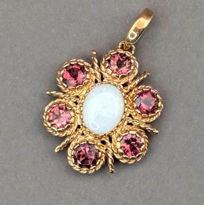 Vintage Estate 14k Gold Opal & Garnet Twist Knot Mexican Retro Pendant with Bail