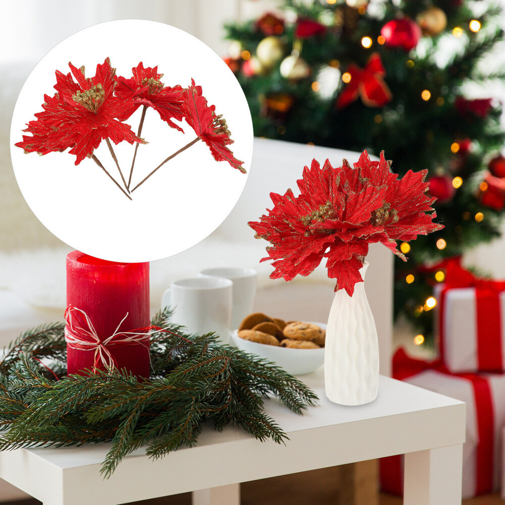 4pcs Christmas Tree Flowers Ornament Artificial Poinsettia Flowers Xmas Tree eBay