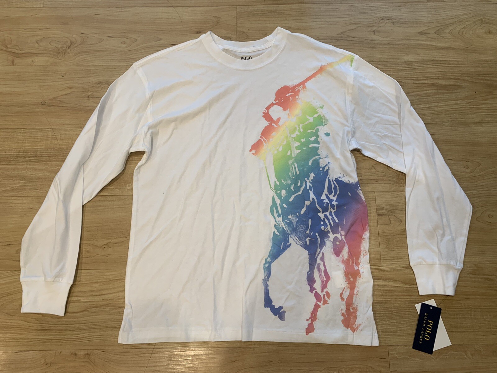 T shirt polo Ralph Lauren uomo grande pony cotone girocollo maniche lunghe bianca M