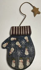 Christmas Ornament Primitive Style Wood Mitten With Snowmen & Star-Distressed