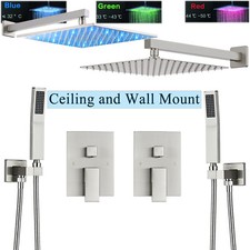 Brushed Nickel Shower Faucet Set System LED Rainfall Shower Head Kit Mixer Valve