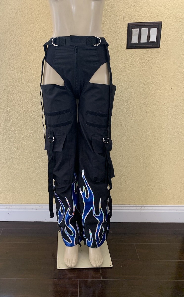 Namilia Size XS Black With Blue Flames Chaps Moto Pants | eBay