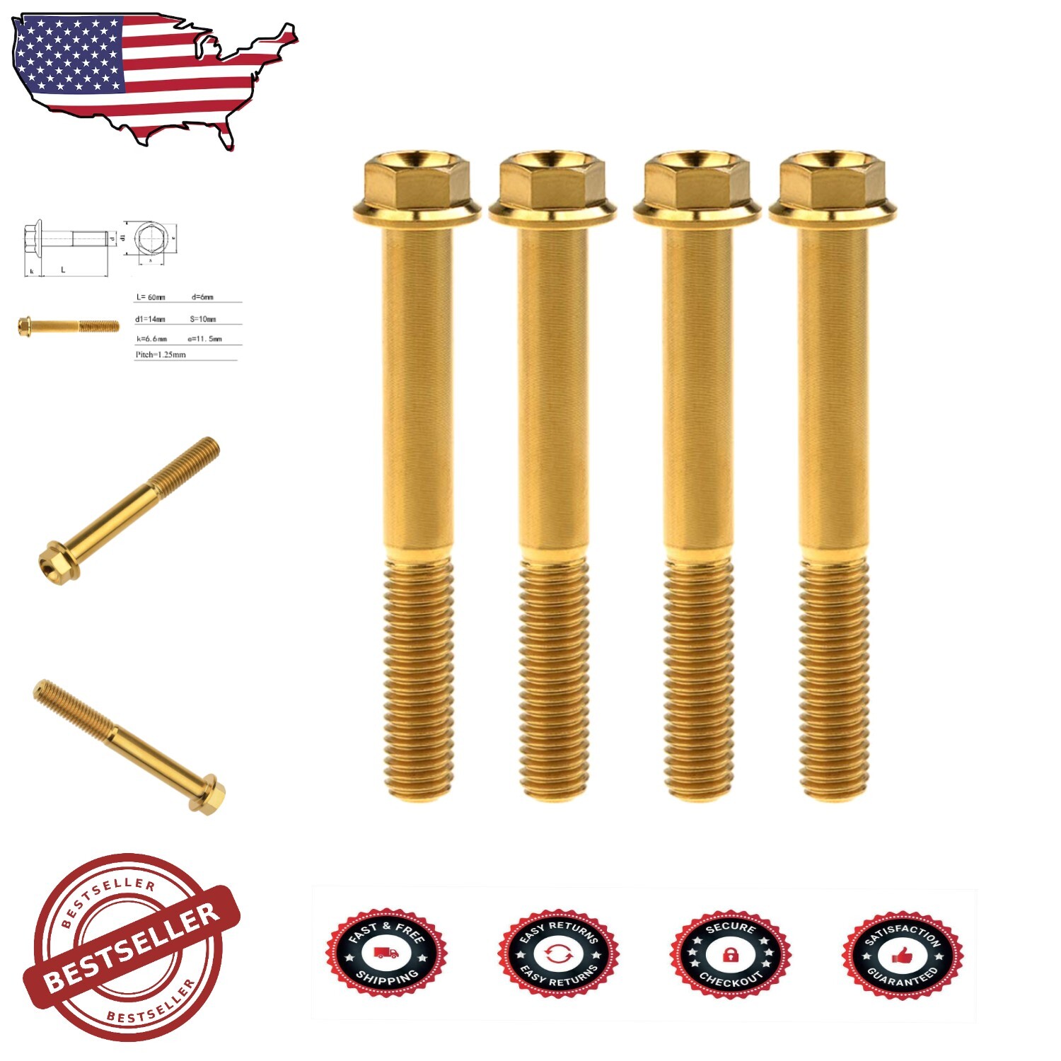 Premium Grade 5 Titanium Hex Flange Bolts 60mm - Corrosion Resistant Pack of 4