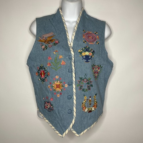 Vintage 80s Cambridge Country Store Colonial Embroidered Blue Denim Vest Size S