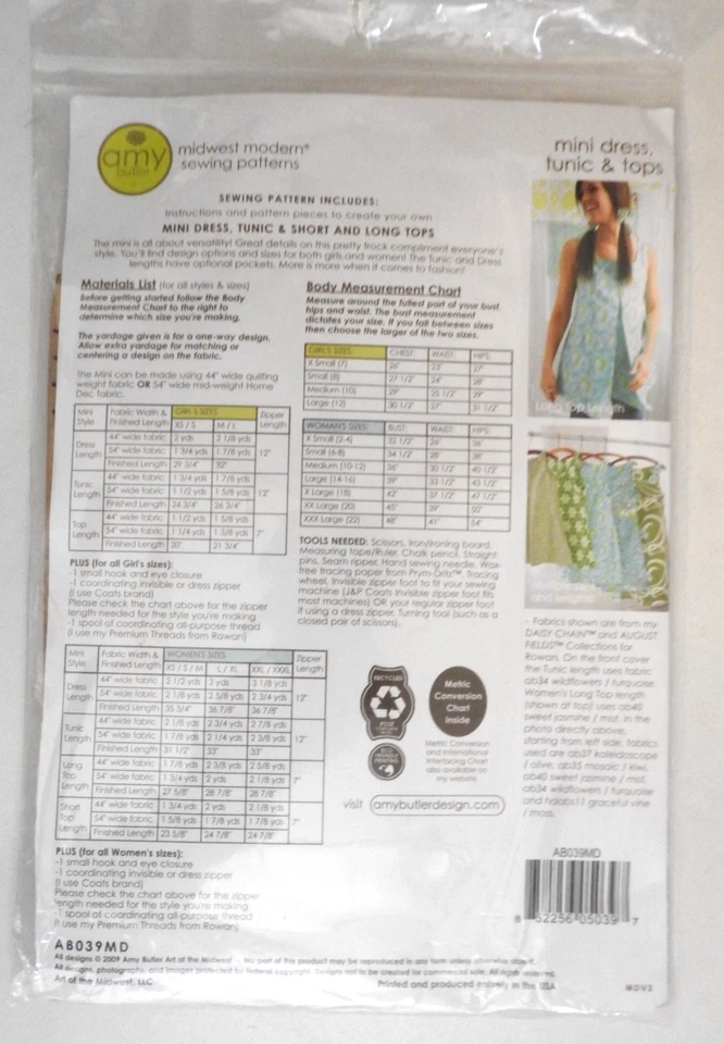 Amy Butler  sewing pattern Mini Dress Tunic & Top  - Girls (7-12) & Women (2-22) - Image 2 of 2