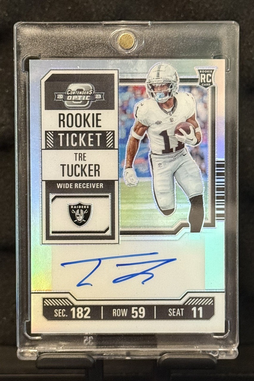 2023 CONTENDERS OPTIC Tre Tucker Rookie Ticket Silver Prizm Auto RC Raiders!