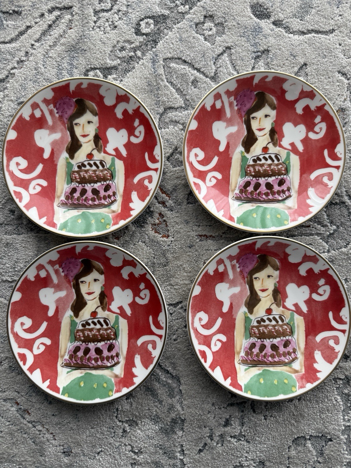 4 Lenox Kate Spade Just Desserts Tidbit Plates Set Cake Red Birthday Theme
