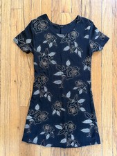 Vintage 90s Whimsigoth Black Floral Mini Dress Short Sleeve Round Neck