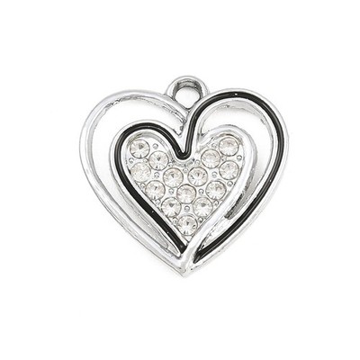 10 schöne herzförmige silberfarbene Charm Anhänger mit Strass Detail