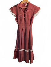 Vintage Leo Red Polka Dot Cottage Core Dress with White Lace Trim Medium