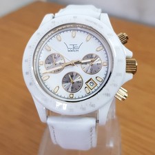 Mens Ladies Limited Edition LTD White Ceramic & Leather Gold Accent Chrono Watch