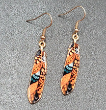 Metal Feather Pierced Earrings Ornage Blue Gold tone Dangle 1.5"
