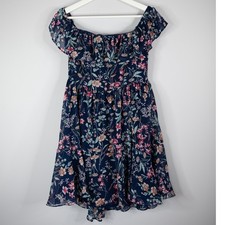 Lulus Floral Mini Dress Womens Medium Navy Blue Excellent Ruffle Off Shoulder