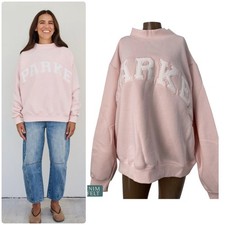 NEW Parke Varsity Mockneck Rose White Fleece Sweatshirt L/XL Oversized Pullover