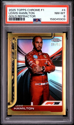 2025 TOPPS CHROME FORMULA 1 GOLD REFRACTOR #4 LEWIS HAMILTON 9/50 PSA 8
