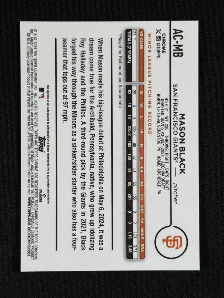 2024 Topps Chrome Mason Black AC-MB Rookie Orange Wave Refractor Auto SP /25 - Image 2 of 2