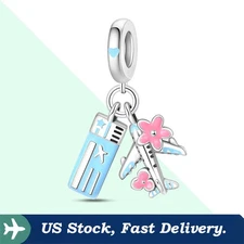 KUNSIR 925 Sterling Silver Airplane Passport Pendant Charm For Women Bracelet 