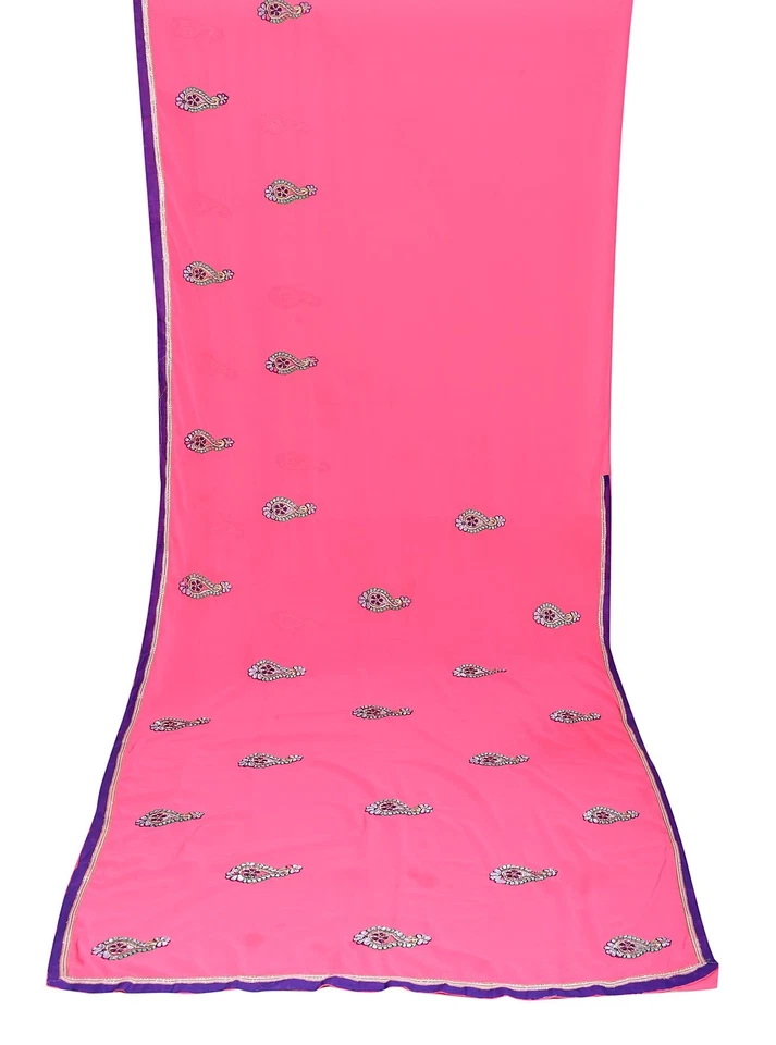 Blend Georgette Hand Beaded Fabric Premium 5 Yd Sari Paisley Vintage Pink Saree  - Image 3 of 3