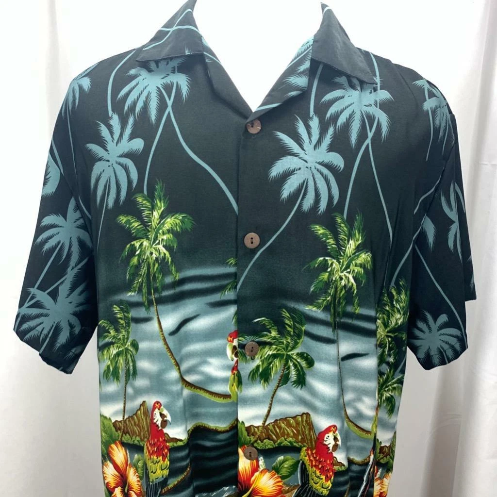 VLVWATV Hawaiian Button Up Shirt Parrot Hibiscus Palm Tree Mens XL