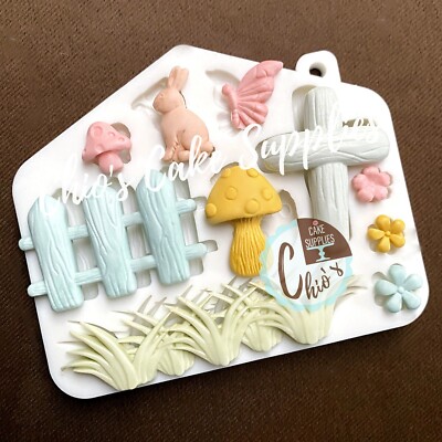 Wooden Cross, wooden fence, bunny, grass, flowers, mushrooms Silicone Mold