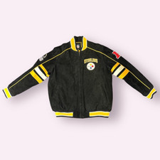 Vtg NFL Pittsburgh Steelers Football Black Suede Leather Jacket Zip AFC Men's XL