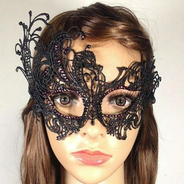 Women Diamante Black Lace Face Eye Mask Venetian Cosplay Halloween Masquerade - Image 2 of 4