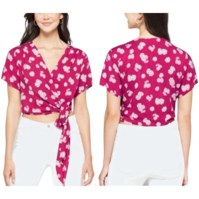 New Lush Floral Print Short Sleeve Cropped Wrap Blouse Ranya Berry Cream Size XL